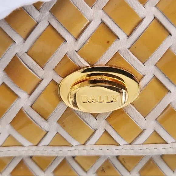 Bally Hand Bag Top Handle Braided Leather Purse Turn Lock Cream and Yellow - Picture 7 of 14